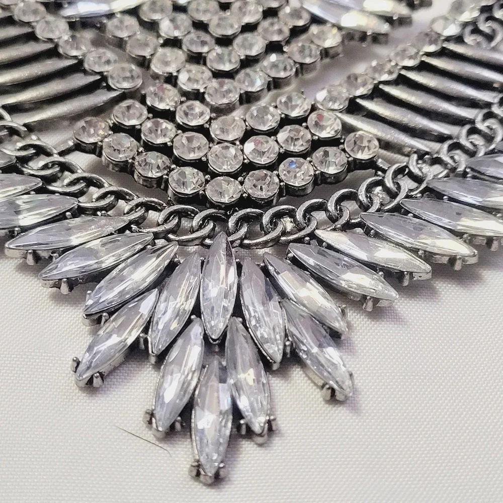 Women's Statement Bib Necklace OS Silver Rhinestone Tiered Boho Crystal U46